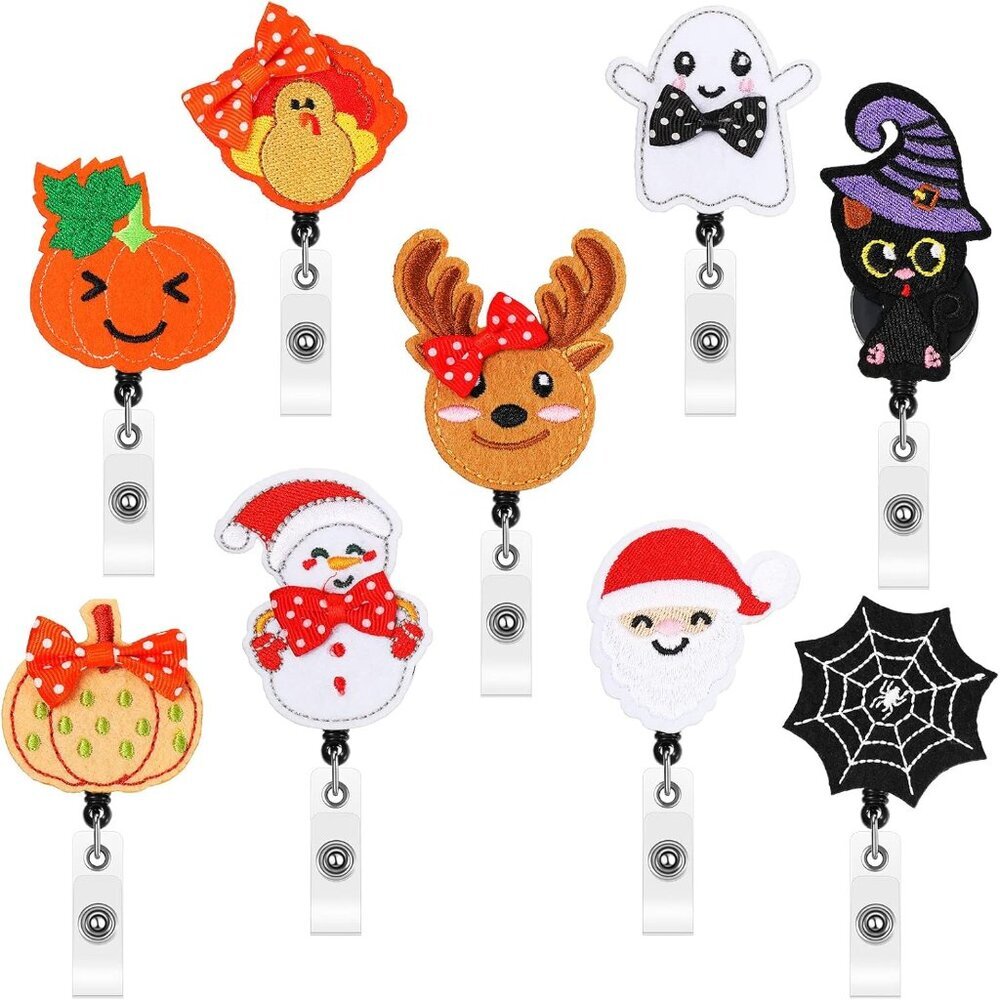 9 Pcs Holiday Badge Reels Retractable Badge Holder Nurses ID Badge Clip Hallowee
